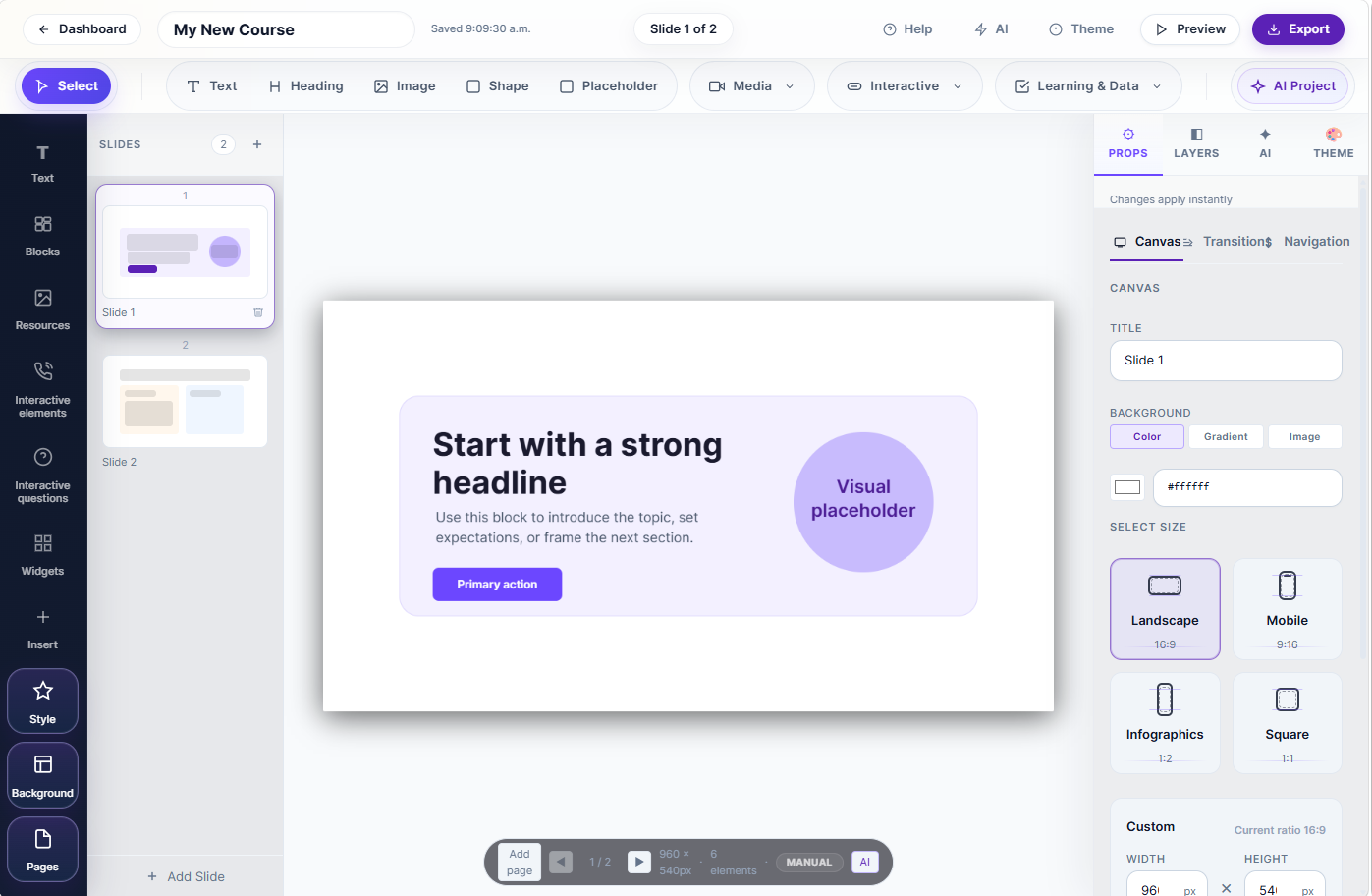 Slide editor interface in Learncraft