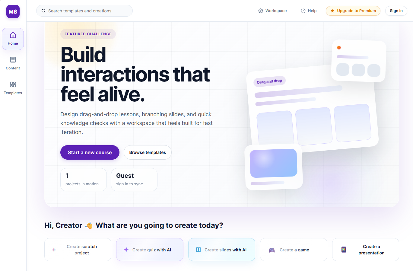 Learncraft dashboard and course creation workspace